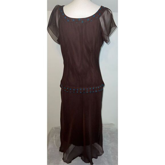 Y2K Brown & Teal Drop Waist Maxi-Midi Chiffon Dress 12 - Picture 10 of 10